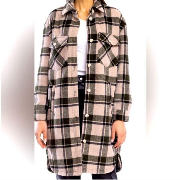 NWT Blank NYC Plaid Green Cream Button Front Wool Bland Shacket Long Jacket XS